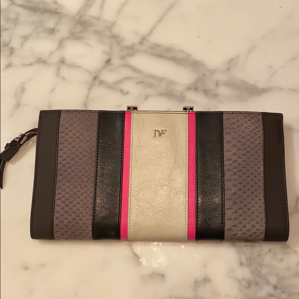 DVF clutch with black gray and hot pink leather